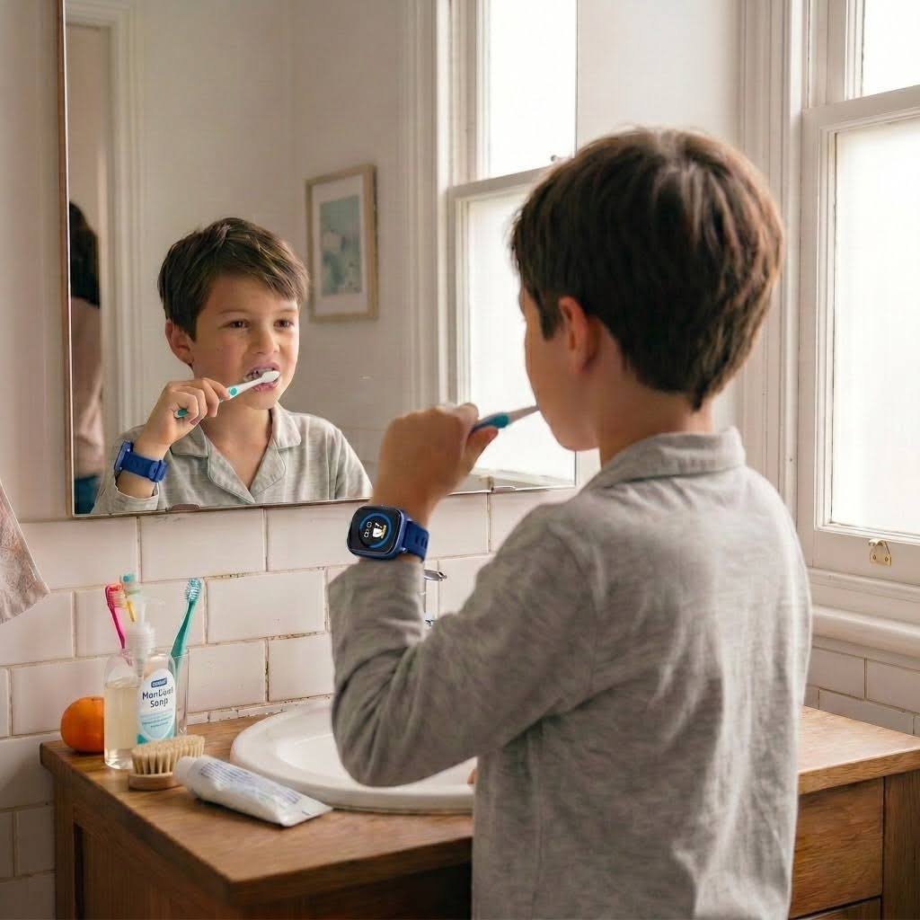 Enfant qui se brosse les dents en autonomie avec sa montre Tempokido